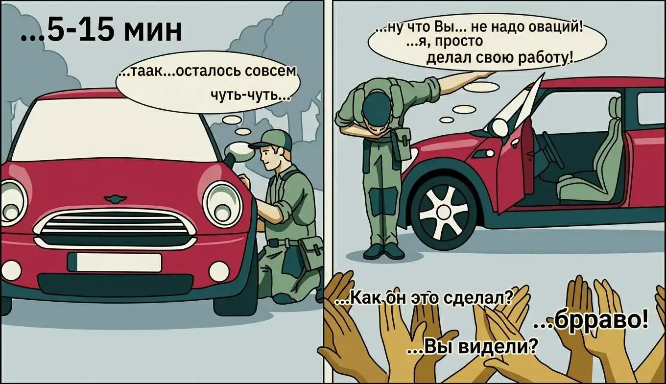 Мастер решает проблему с капотом автомобиля